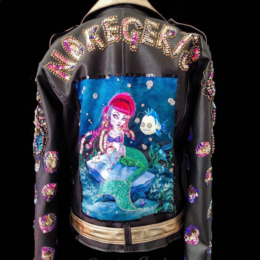 Jackalope Land handmade little mermaid Ariel “no regerts” biker jacket NWOT sz M